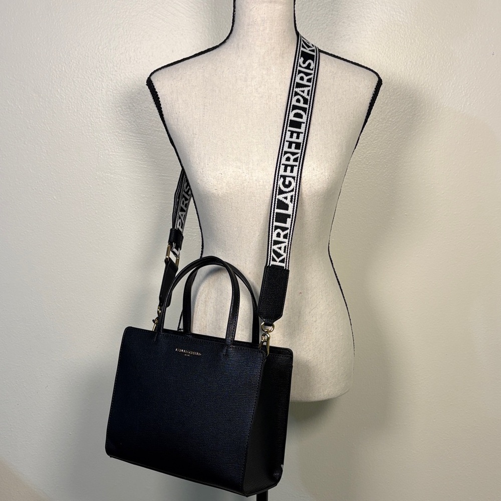 Authentic Karl Lagerfeld Genuine Leather Black crossbody bag with Logo Strap